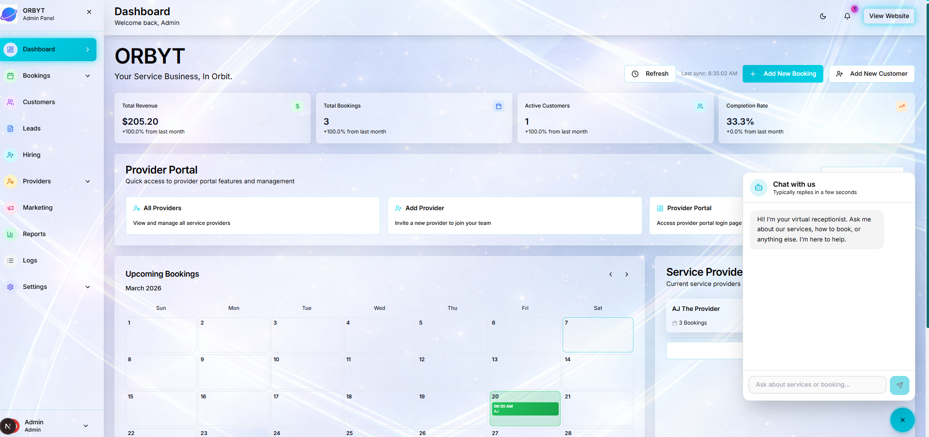 Orbyt admin dashboard, bookings and provider management